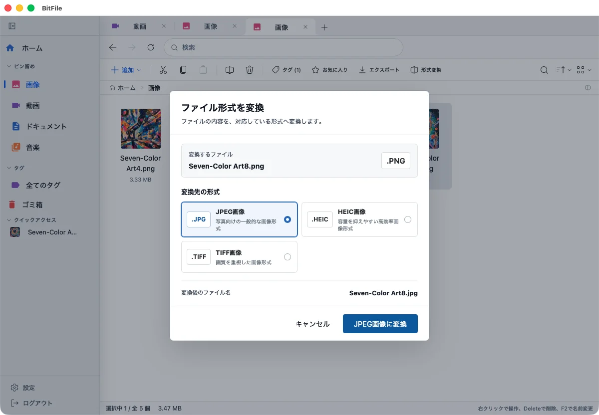 BitFile Mac版でPNG画像の変換先としてJPEG、HEIC、TIFFを選択する形式変換画面