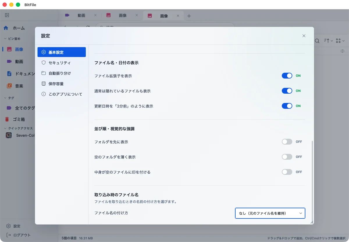 BitFile Mac版で拡張子、相対日時、並び順、取り込み時の名前を調整する基本設定画面